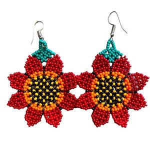 Flower Earrings Huichol Art Wine Granate Color